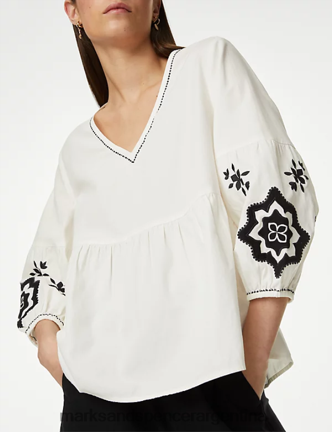 Marks & Spencer mujer blusa de puro algodón bordada con cuello en V ropa mezcla cruda 46VL118