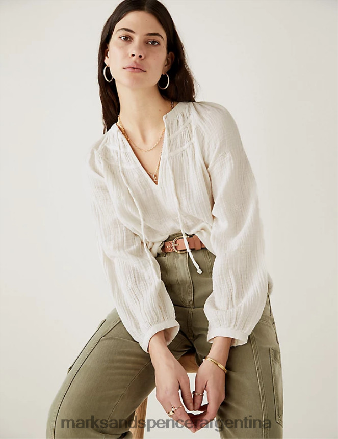 Marks & Spencer mujer blusa de puro algodón con cuello de muesca y bordado ropa crudo 46VL1690
