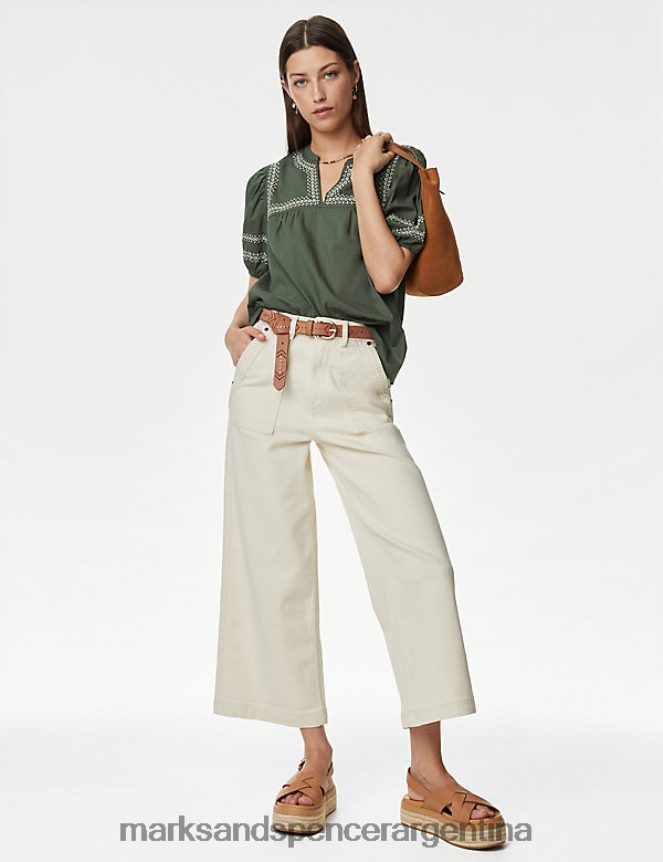 Marks & Spencer mujer blusa de puro algodón con cuello de muesca y bordado ropa verde antiguo 46VL972