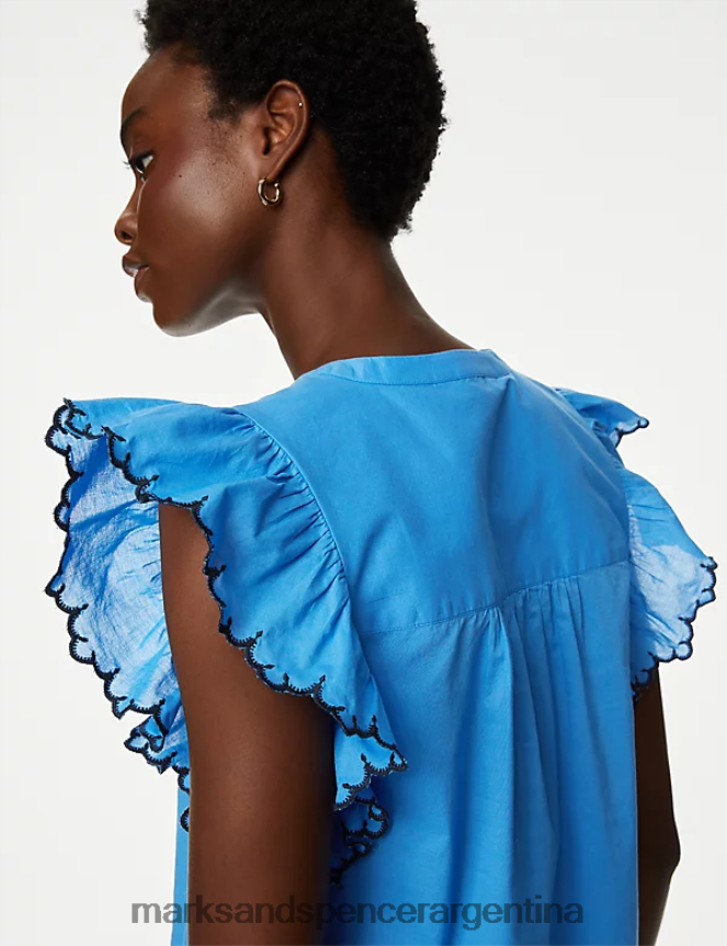 Marks & Spencer mujer blusa de puro algodón con cuello en V y mangas con volantes ropa azul brillante 46VL294