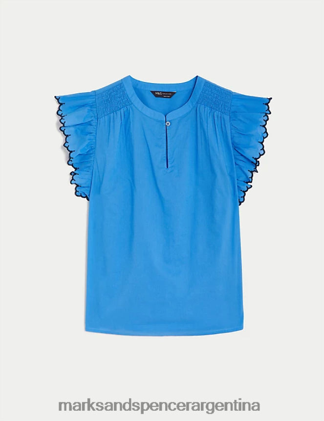 Marks & Spencer mujer blusa de puro algodón con cuello en V y mangas con volantes ropa azul brillante 46VL294