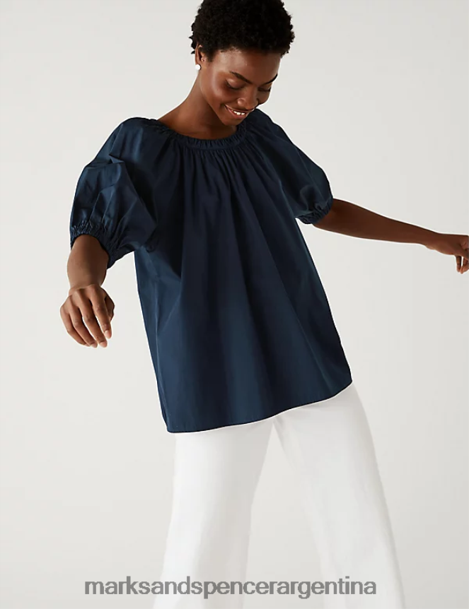 Marks & Spencer mujer blusa de puro algodón con cuello redondo ropa Armada 46VL1508