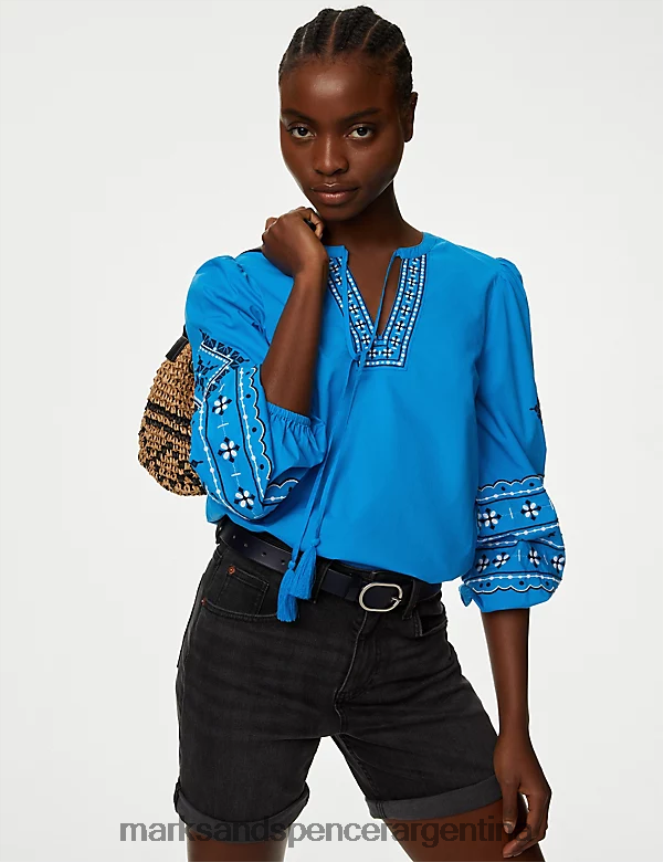 Marks & Spencer mujer blusa de puro algodón con mangas abullonadas y bordado ropa laguna 46VL906