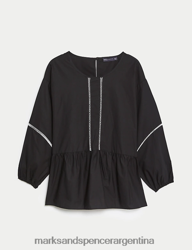 Marks & Spencer mujer blusa de puro algodón con mangas abullonadas y bordado ropa negro 46VL3286