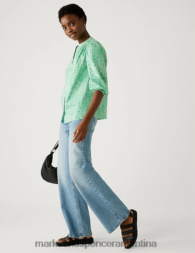 Marks & Spencer mujer blusa de puro algodón estampada con cuello alto ropa mezcla verde 46VL1804