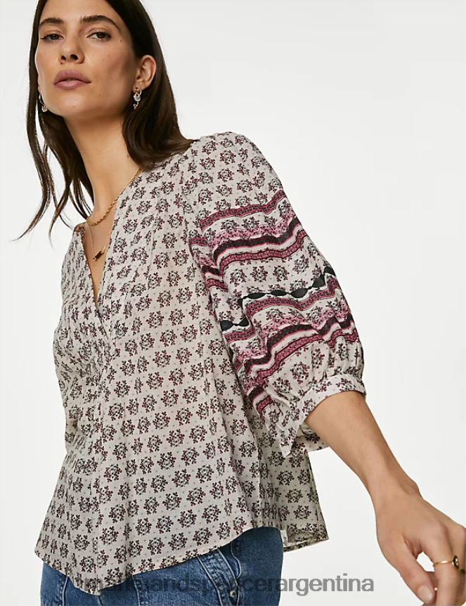 Marks & Spencer mujer blusa de puro algodón estampada con cuello de muesca ropa mezcla cruda 46VL382