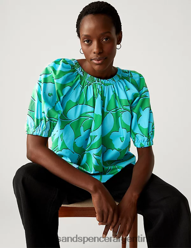 Marks & Spencer mujer blusa de puro algodón estampada con mangas de blusón ropa mezcla verde 46VL988
