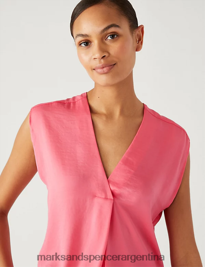 Marks & Spencer mujer blusa de satén con cuello en V ropa rosa medio 46VL924
