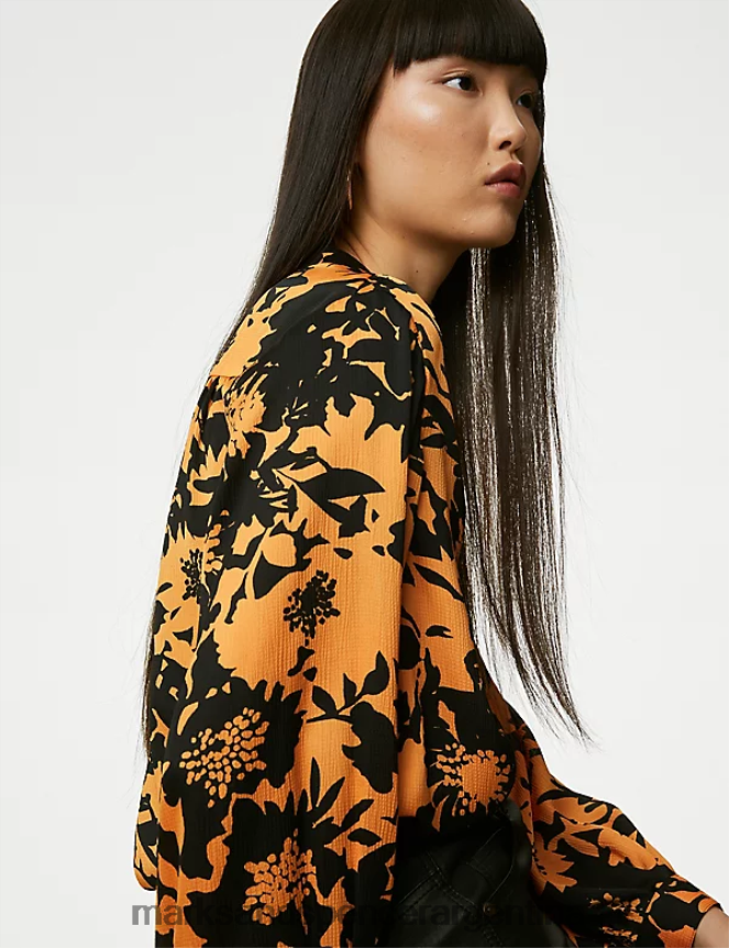 Marks & Spencer mujer blusa de satén floral con cuello en V ropa mezcla de naranja 46VL3280