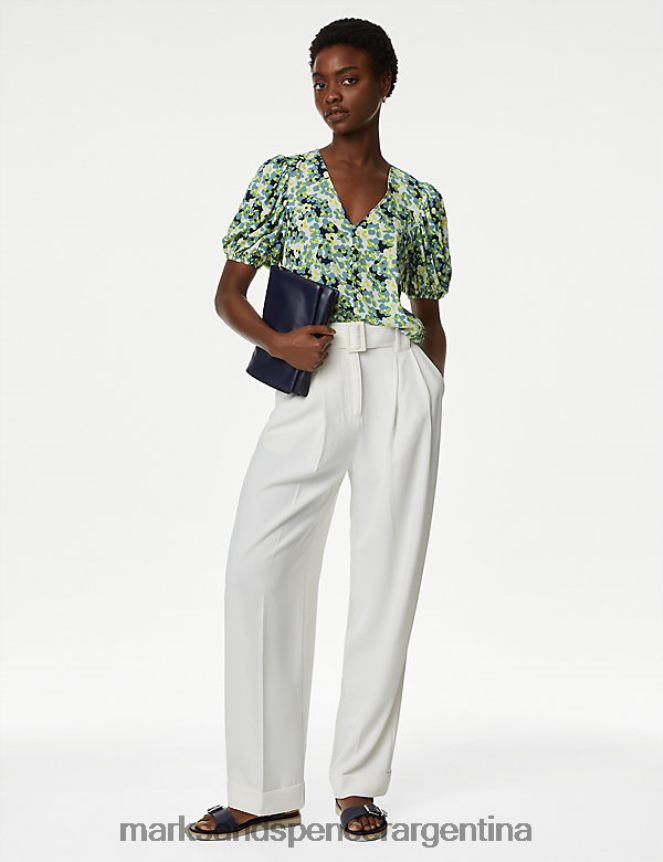 Marks & Spencer mujer blusa estampada con cuello en V y mangas abullonadas ropa mezcla azul claro 46VL908