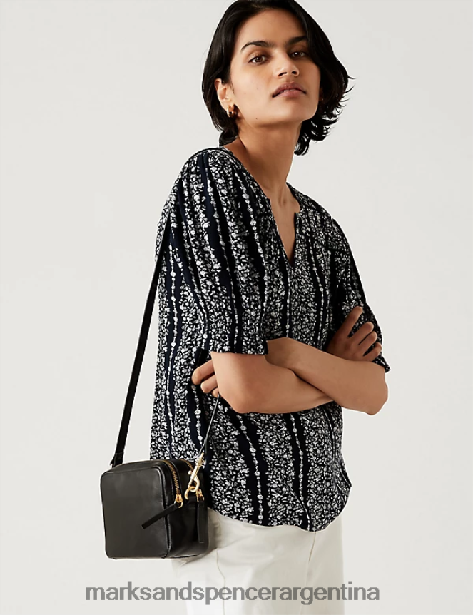 Marks & Spencer mujer blusa estampada con cuello en V y mangas abullonadas ropa mezcla azul marino 46VL2900