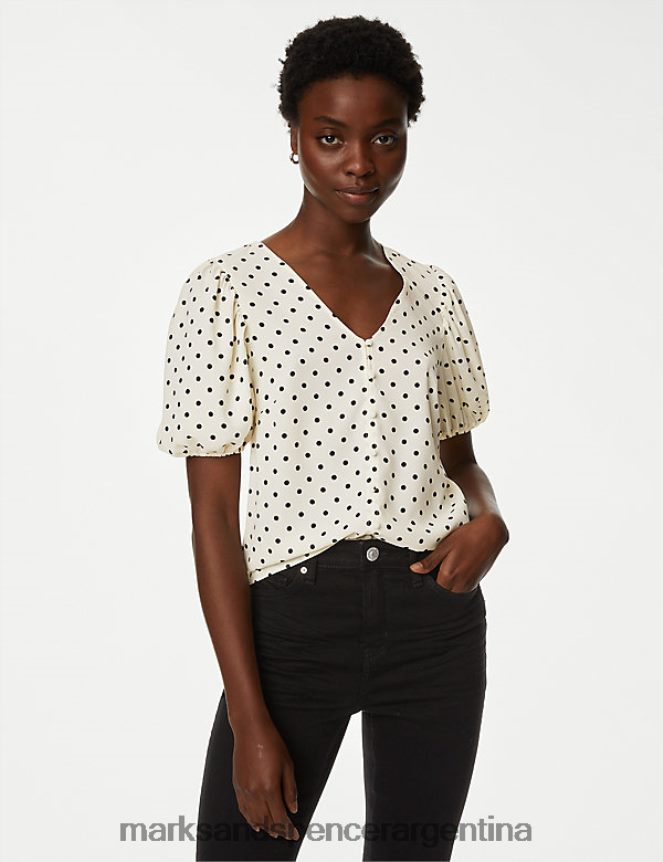 Marks & Spencer mujer blusa estampada con cuello en V y mangas abullonadas ropa mezcla de marfil 46VL528