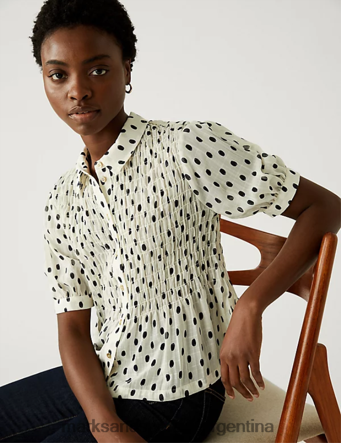 Marks & Spencer mujer blusa estampada con cuello fruncido y mangas abullonadas ropa mezcla de marfil 46VL1946