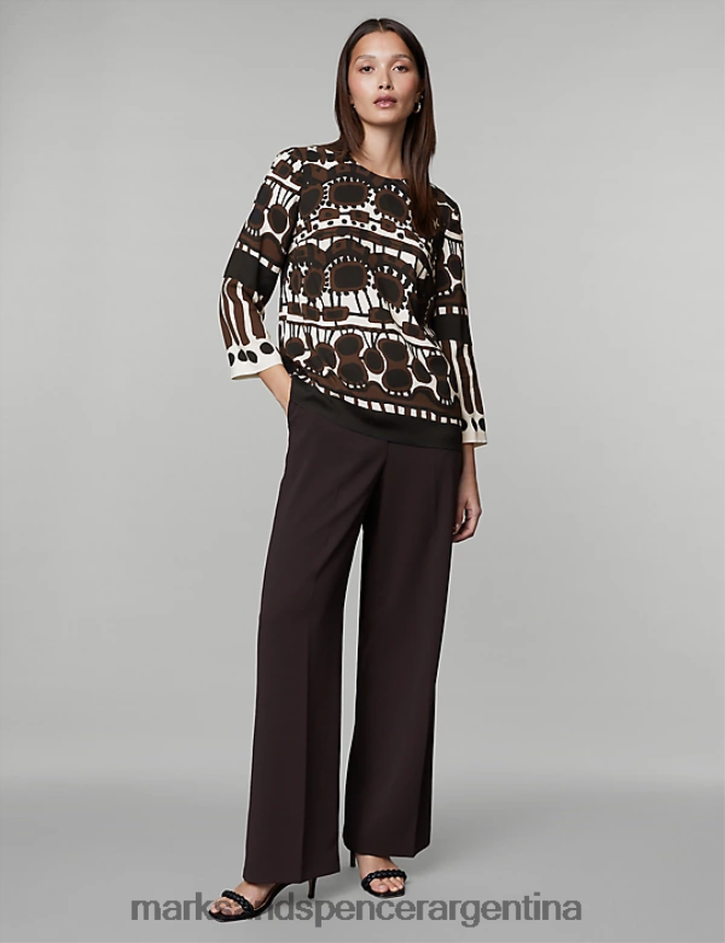 Marks & Spencer mujer blusa estampada con cuello redondo ropa mezcla marrón 46VL68