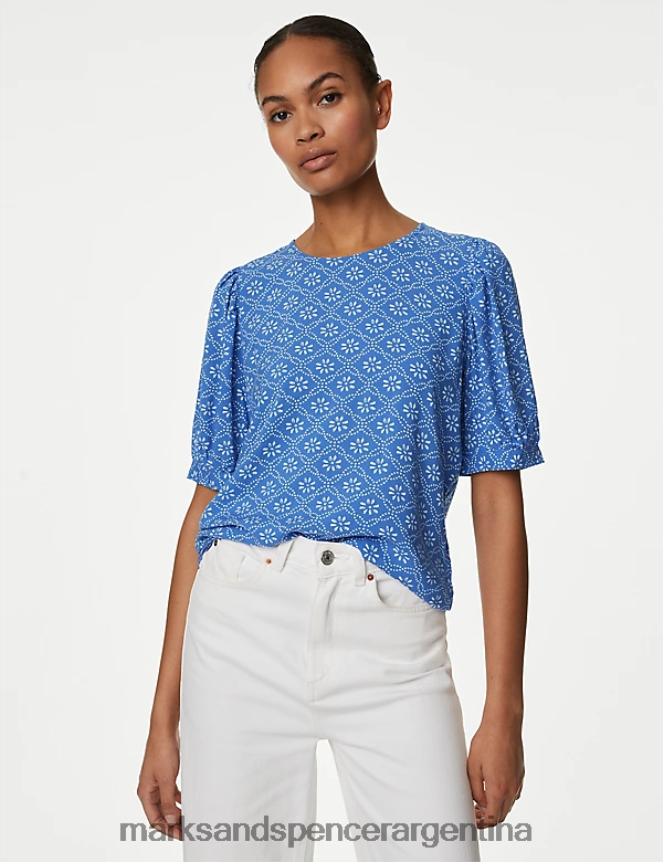 Marks & Spencer mujer blusa estampada con mangas abullonadas ropa mezcla azul 46VL2848