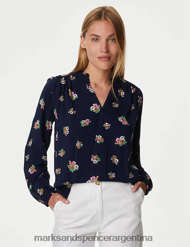 Marks & Spencer mujer blusa estampada de manga larga y ajuste regular ropa mezcla azul marino oscuro 46VL834