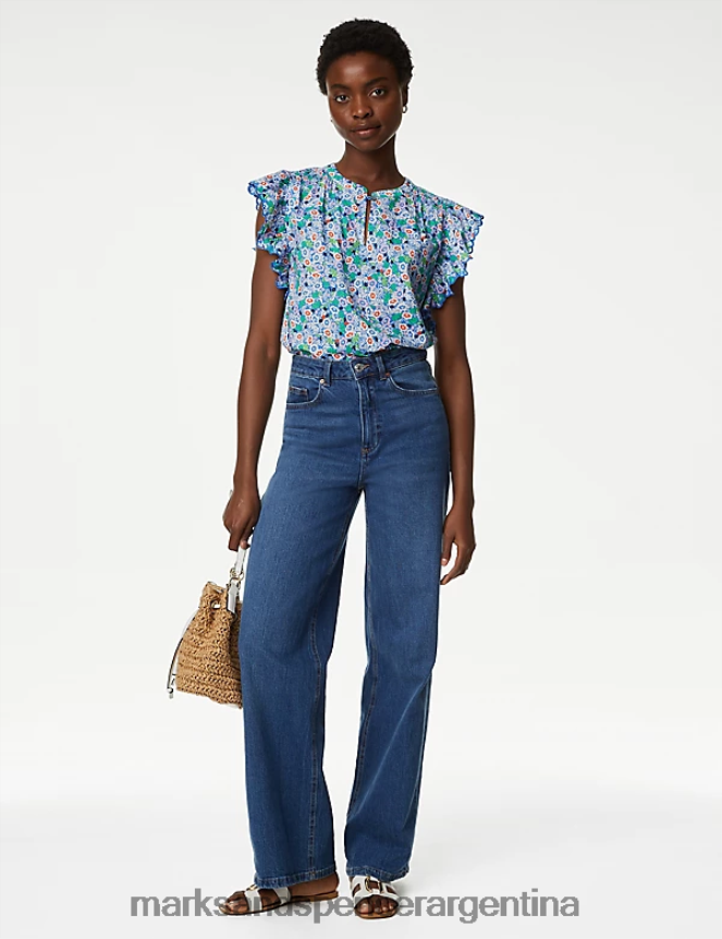 Marks & Spencer mujer blusa floral con cuello en V y volantes ropa mezcla azul 46VL708