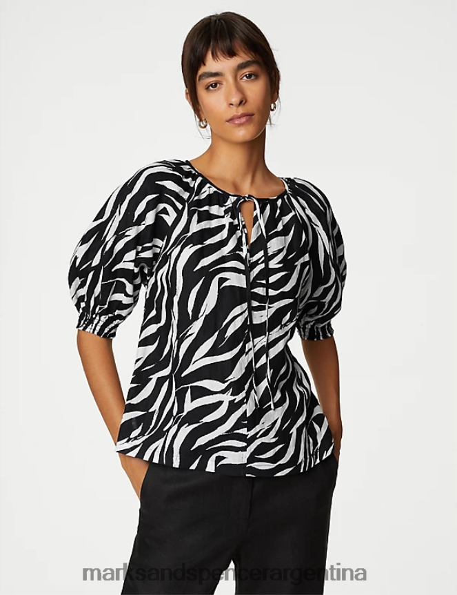 Marks & Spencer mujer blusa floral de puro lino irlandés con mangas abullonadas ropa mezcla azul marino oscuro 46VL3012