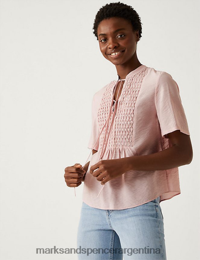 Marks & Spencer mujer blusa fruncida con cuello en V ropa concha rosa 46VL2806