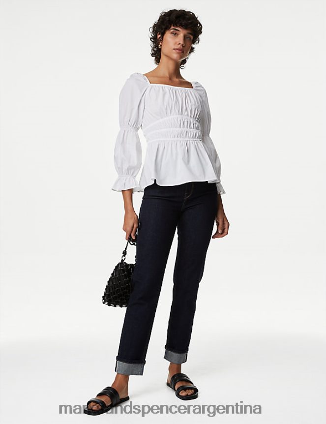 Marks & Spencer mujer blusa fruncida de puro algodón con cuello cuadrado ropa blanco suave 46VL746