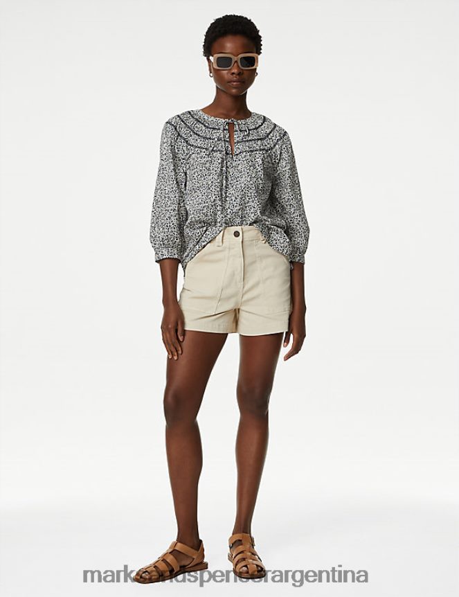 Marks & Spencer mujer blusa fruncida de puro algodón con estampado floral y lazo en el cuello ropa mezcla azul marino 46VL718
