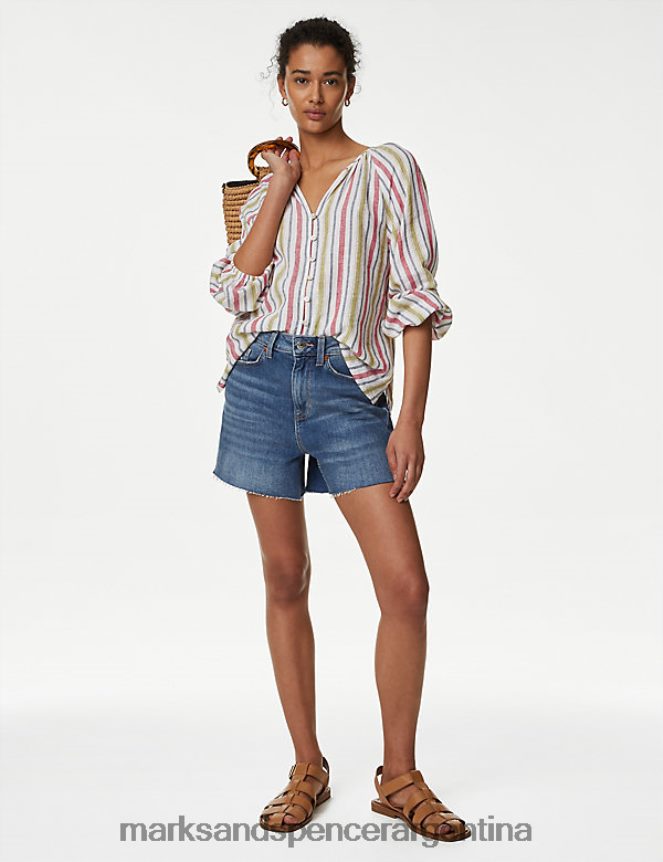 Marks & Spencer mujer blusa holgada de mezcla de lino a rayas con cuello en V ropa multi 46VL2444