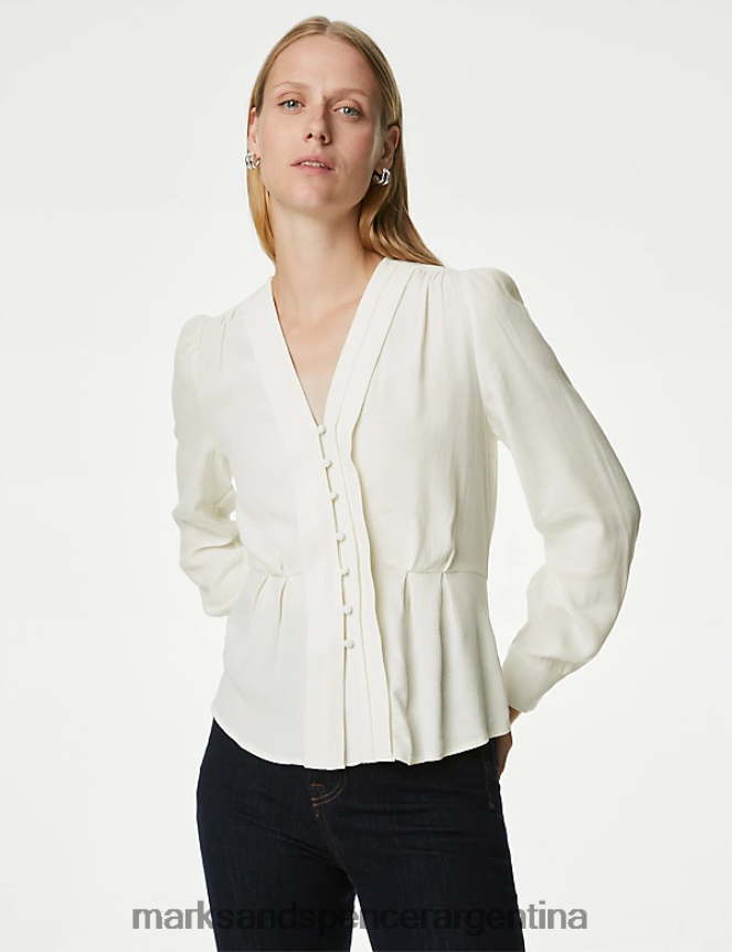 Marks & Spencer mujer blusa plisada con cuello en V ropa Marfil 46VL82