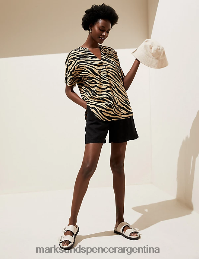 Marks & Spencer mujer blusa popover con estampado animal de lino puro ropa mezcla negra 46VL2874