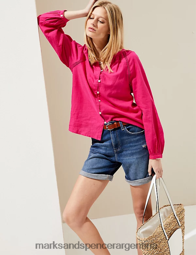 Marks & Spencer mujer blusa sin cuello rica en lino ropa fucsia 46VL2368