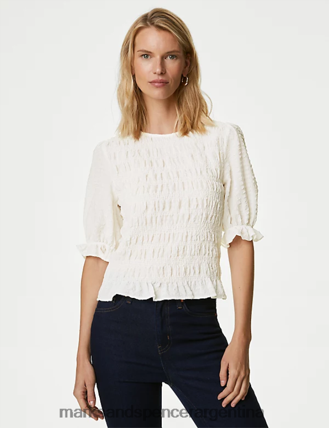 Marks & Spencer mujer blusa texturizada con cuello redondo y cintura fruncida ropa Marfil 46VL426