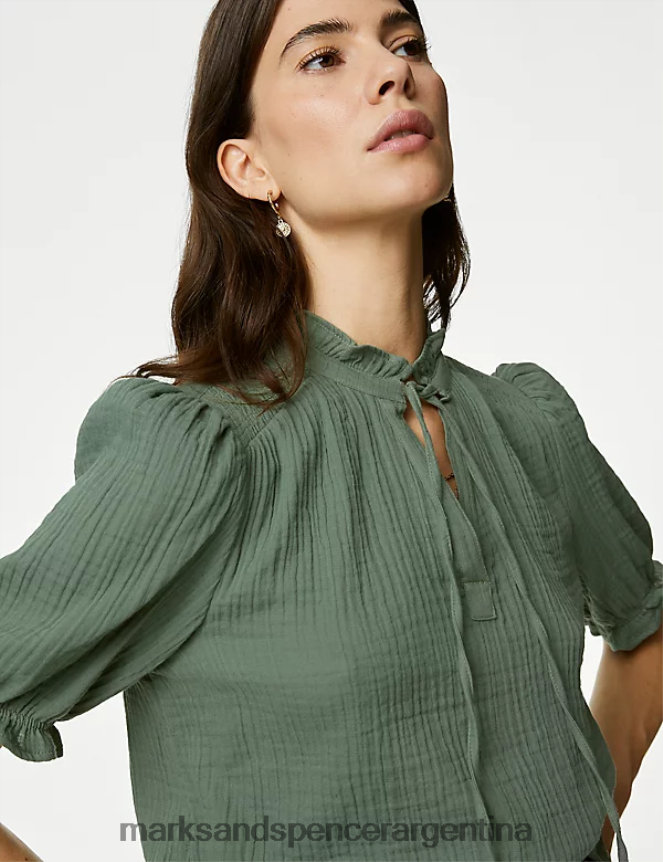 Marks & Spencer mujer blusa texturizada de puro algodón con cuello de muesca ropa caqui descolorido 46VL2132