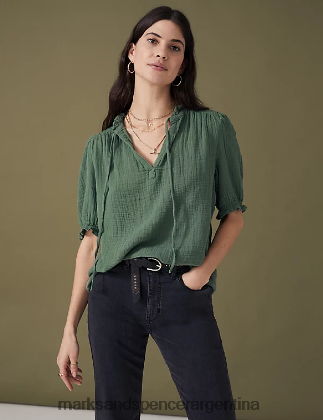Marks & Spencer mujer blusa texturizada de puro algodón con cuello de muesca ropa verde antiguo 46VL2130