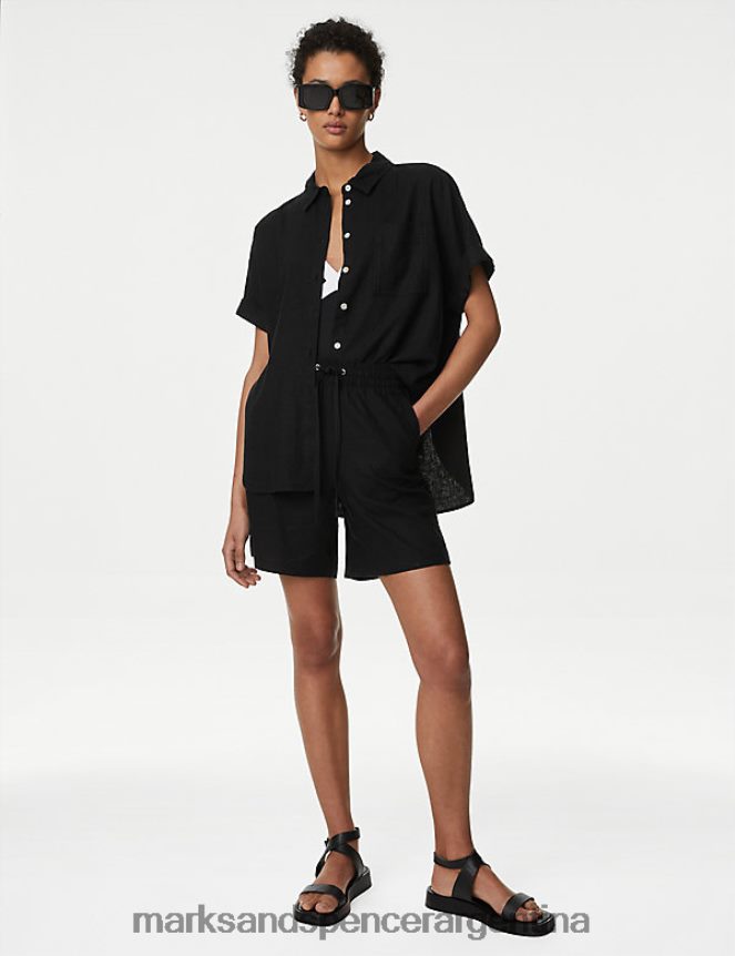 Marks & Spencer mujer camisa con botones y cuello rico en lino ropa negro 46VL3138