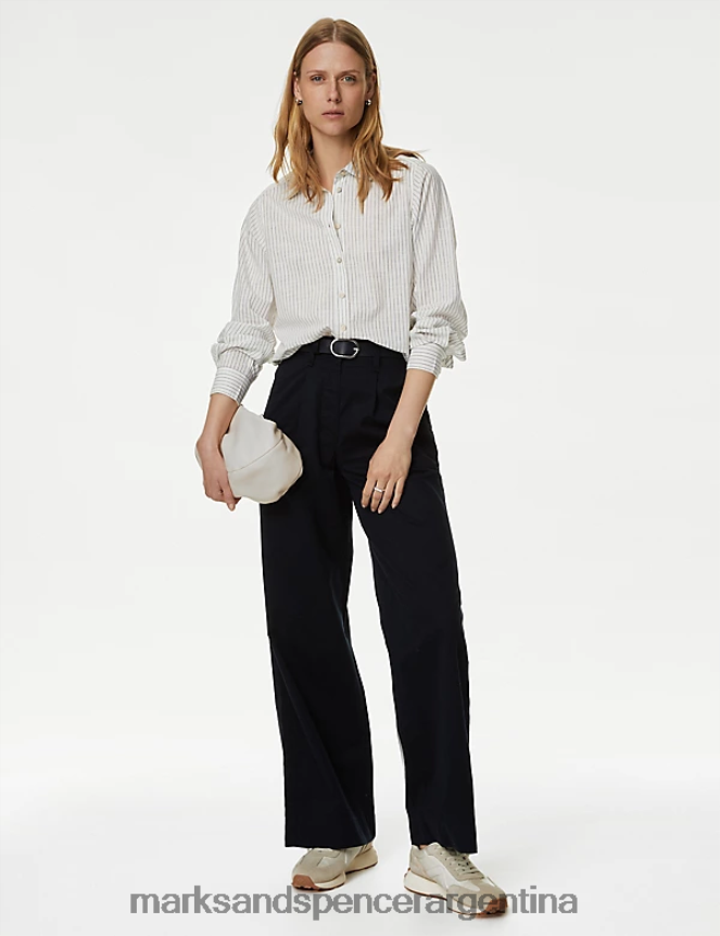Marks & Spencer mujer camisa con cuello a rayas de puro algodón ropa mezcla blanca 46VL2702