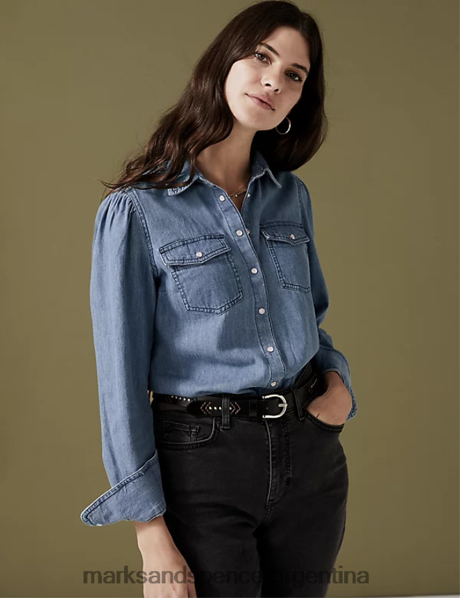 Marks & Spencer mujer camisa con cuello de mezclilla ropa índigo claro 46VL1260