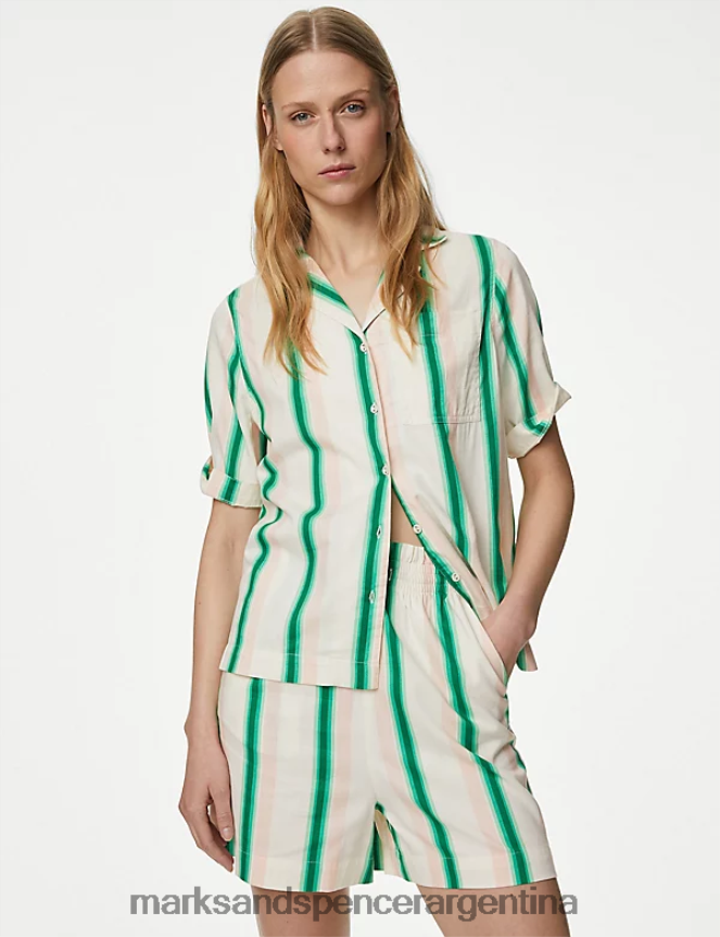 Marks & Spencer mujer camisa con cuello en V y rayas ricas en algodón ropa mezcla verde 46VL2618