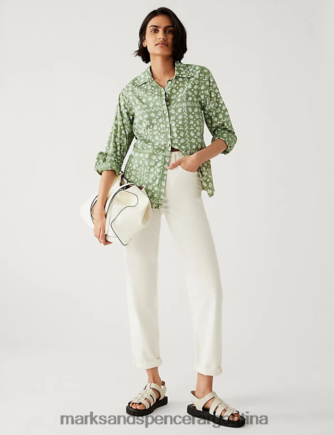 Marks & Spencer mujer camisa con cuello estampada de puro algodón ropa mezcla verde 46VL1486