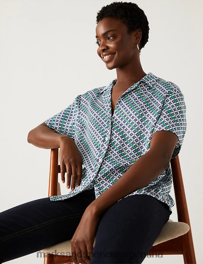Marks & Spencer mujer camisa con cuello estampada de satén ropa mezcla azul 46VL1310
