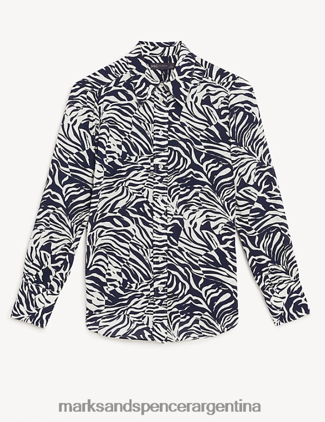 Marks & Spencer mujer camisa con cuello estampada ropa mezcla azul marino 46VL738