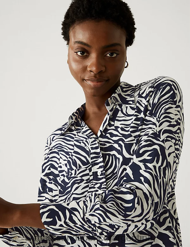Marks & Spencer mujer camisa con cuello estampada ropa mezcla azul marino 46VL738