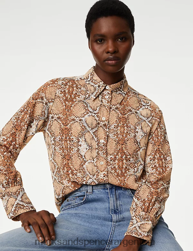 Marks & Spencer mujer camisa con cuello estampada ropa mezcla marrón 46VL488