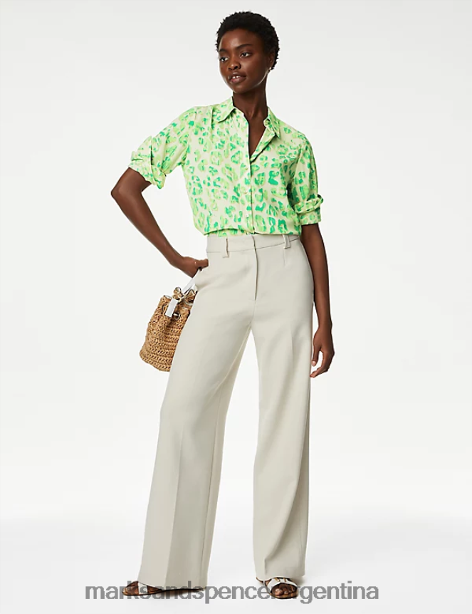Marks & Spencer mujer camisa con cuello estampada ropa mezcla verde 46VL486