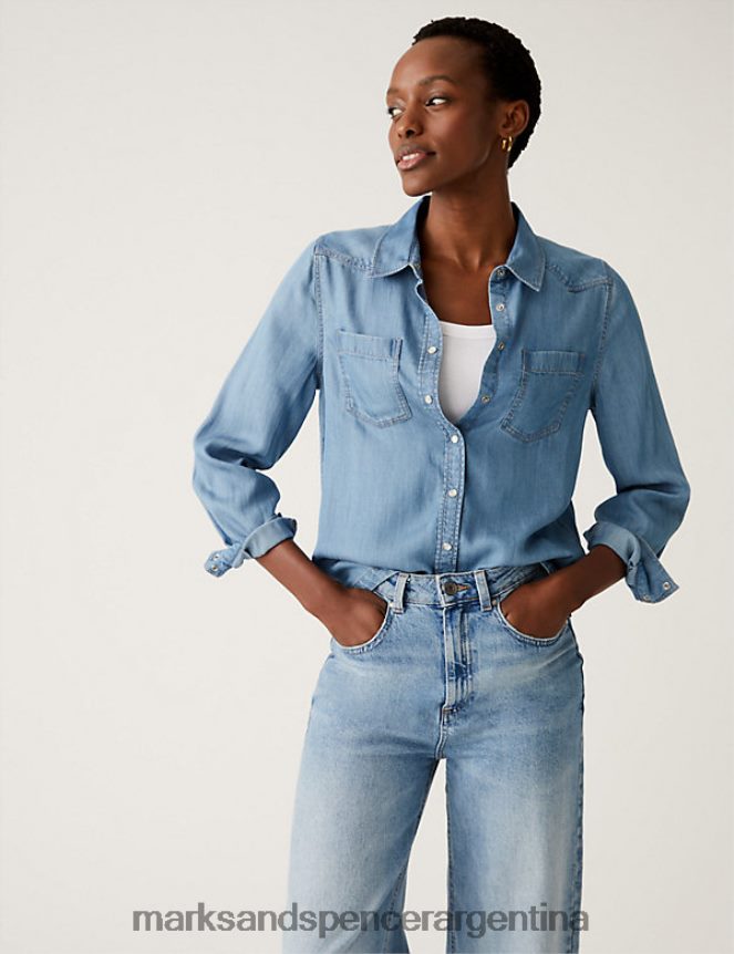 Marks & Spencer mujer camisa con cuello teñida de té de lyocell ropa azul claro 46VL470