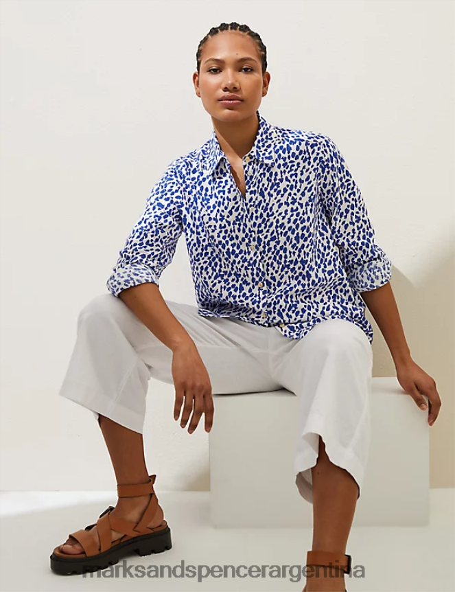 Marks & Spencer mujer camisa con cuello y estampado de lino ropa mezcla azul oscuro 46VL1436