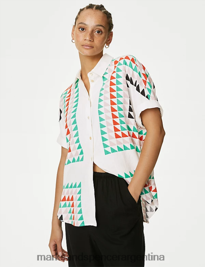 Marks & Spencer mujer camisa con estampado rico en lino ropa mezcla blanca 46VL898