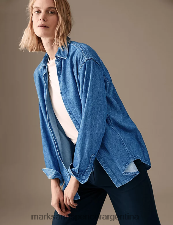 Marks & Spencer mujer camisa de mezclilla con cuello en lyocell ropa índigo 46VL1512