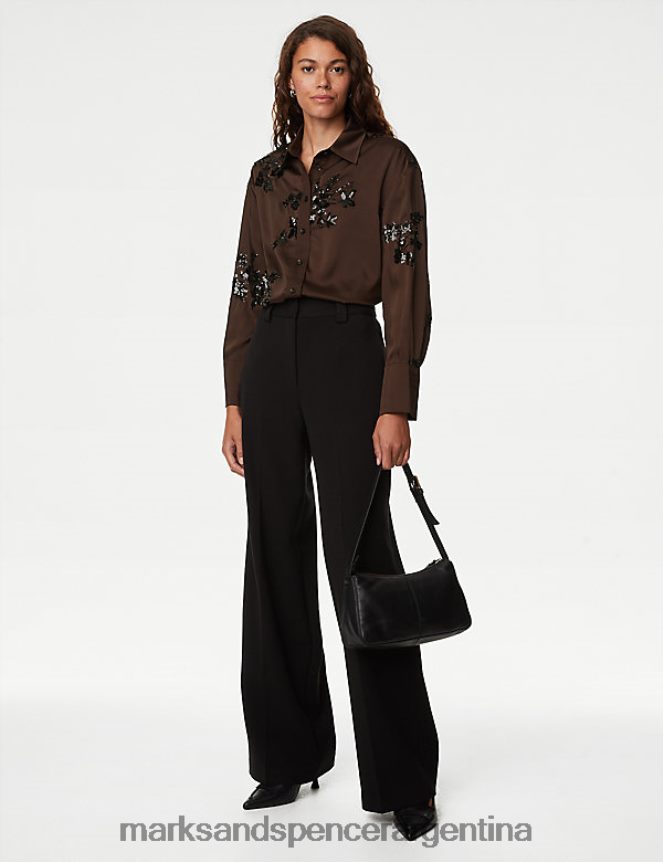 Marks & Spencer mujer camisa de satén con cuello y adornos de lentejuelas ropa mezcla marrón 46VL34