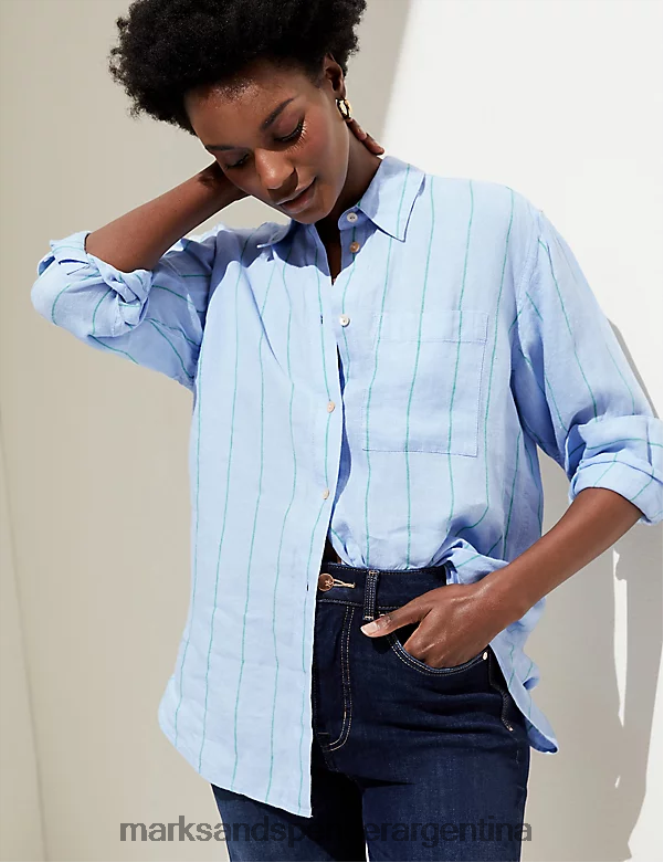 Marks & Spencer mujer camisa extragrande de puro lino ropa mezcla azul medio 46VL1088