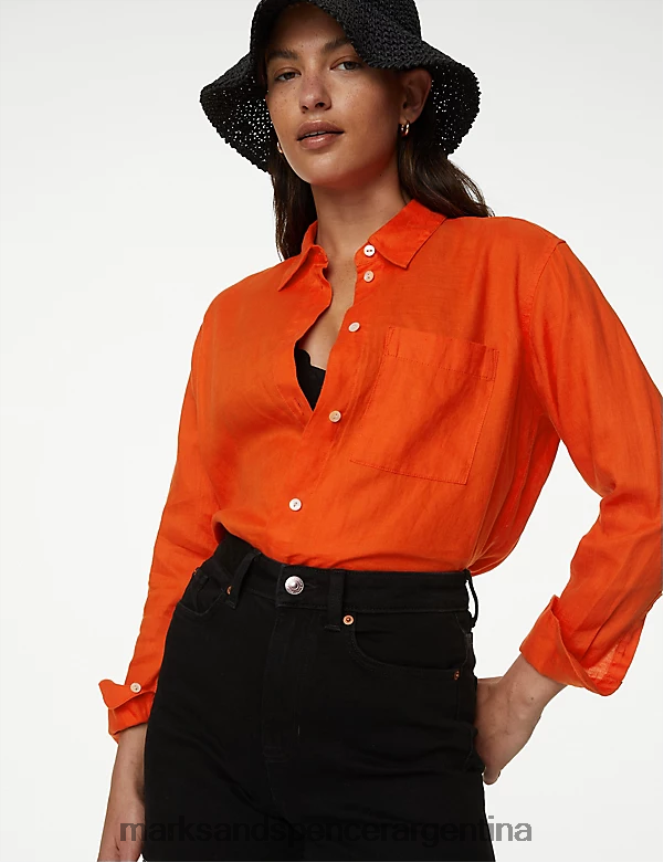 Marks & Spencer mujer camisa extragrande de puro lino ropa naranja 46VL44