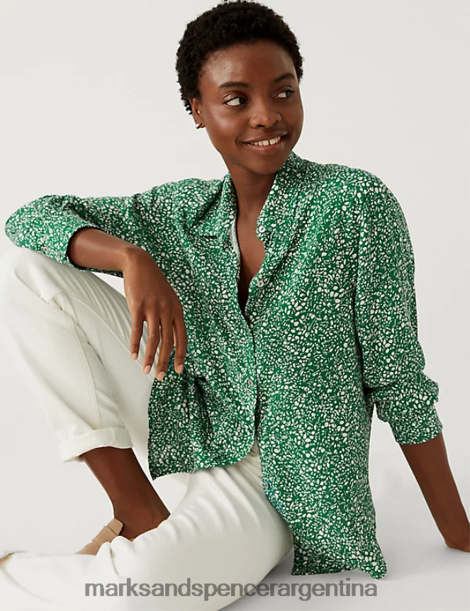 Marks & Spencer mujer camisa holgada con cuello estampado ropa mezcla verde 46VL2664